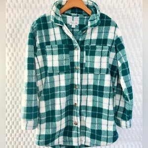 Colorful Planet Cream Green Plaid Sherpa Shacket Size Large 14-16